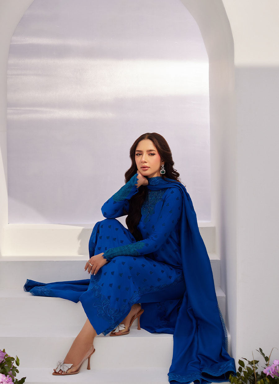 Farah Talib Aziz | Zaza Luxe Pret 24 | CHARR BLUE EMBROIDERED RAW SILK SHIRT AND DUPATTA by Farah Talib Aziz - House of Maryam