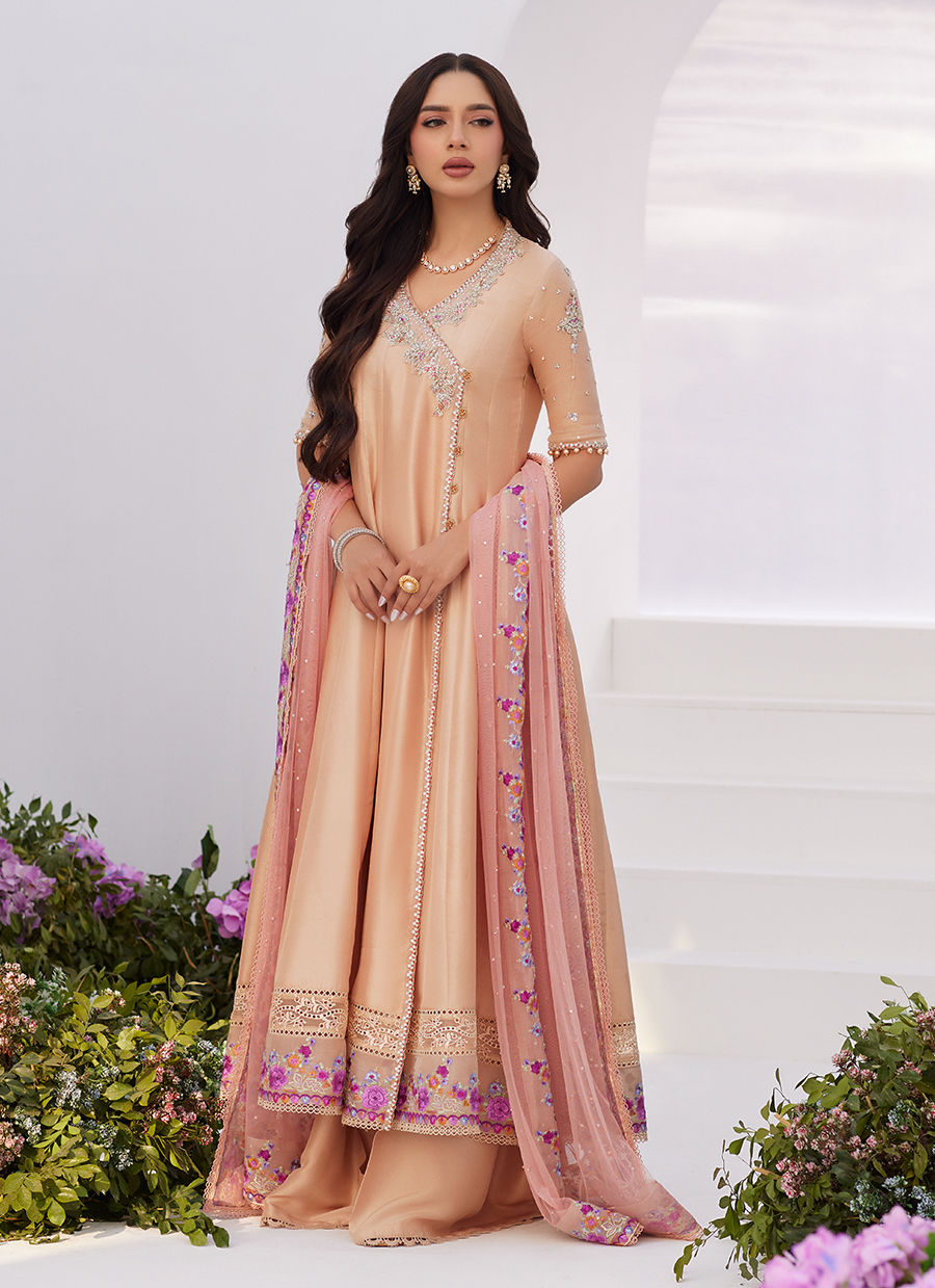 Farah Talib Aziz | Zaza Luxe Pret 24 | LISETTE FAWN EMBELLISHED RAW SILK ANGARKHA AND DUPATTA -  Farah Talib Aziz Luxury - Original Designer Dress - House of Maryam