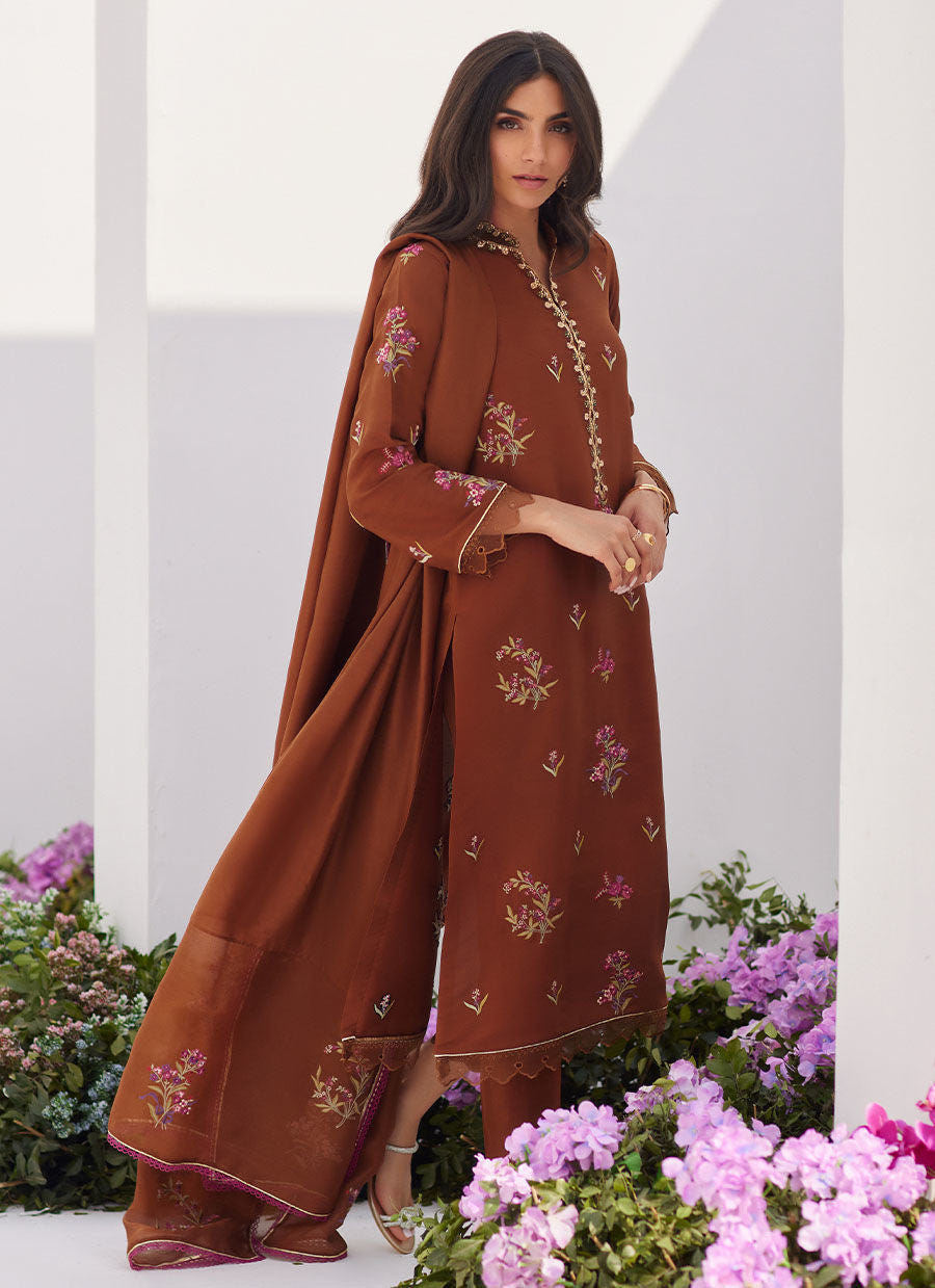 Farah Talib Aziz | Zaza Luxe Pret 24 | NOEMIE CHOCOLATE EMBROIDERED RAW SILK SHIRT AND DUPATTA -  Farah Talib Aziz Luxury - Original Designer Dress - House of Maryam
