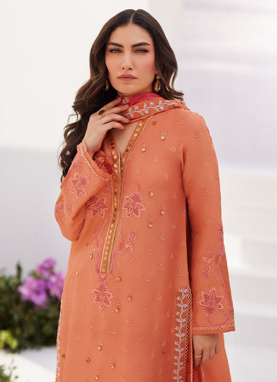 Farah Talib Aziz | Zaza Luxe Pret 24 | ELYNA CORAL EMBROIDERED RAW SILK SHIRT AND DUPATTA -  Farah Talib Aziz Luxury - Original Designer Dress - House of Maryam