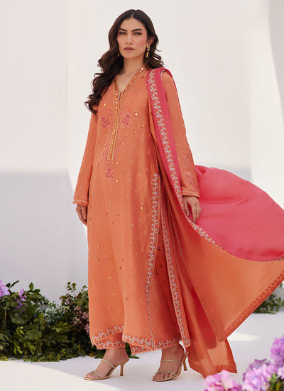 Farah Talib Aziz | Zaza Luxe Pret 24 | ELYNA CORAL EMBROIDERED RAW SILK SHIRT AND DUPATTA -  Farah Talib Aziz Luxury - Original Designer Dress - House of Maryam