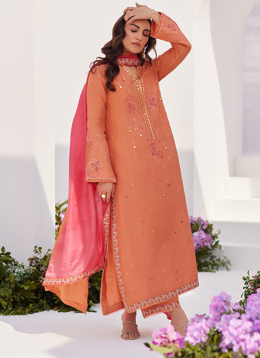 Farah Talib Aziz | Zaza Luxe Pret 24 | ELYNA CORAL EMBROIDERED RAW SILK SHIRT AND DUPATTA -  Farah Talib Aziz Luxury - Original Designer Dress - House of Maryam