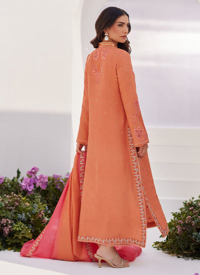 Farah Talib Aziz | Zaza Luxe Pret 24 | ELYNA CORAL EMBROIDERED RAW SILK SHIRT AND DUPATTA -  Farah Talib Aziz Luxury - Original Designer Dress - House of Maryam
