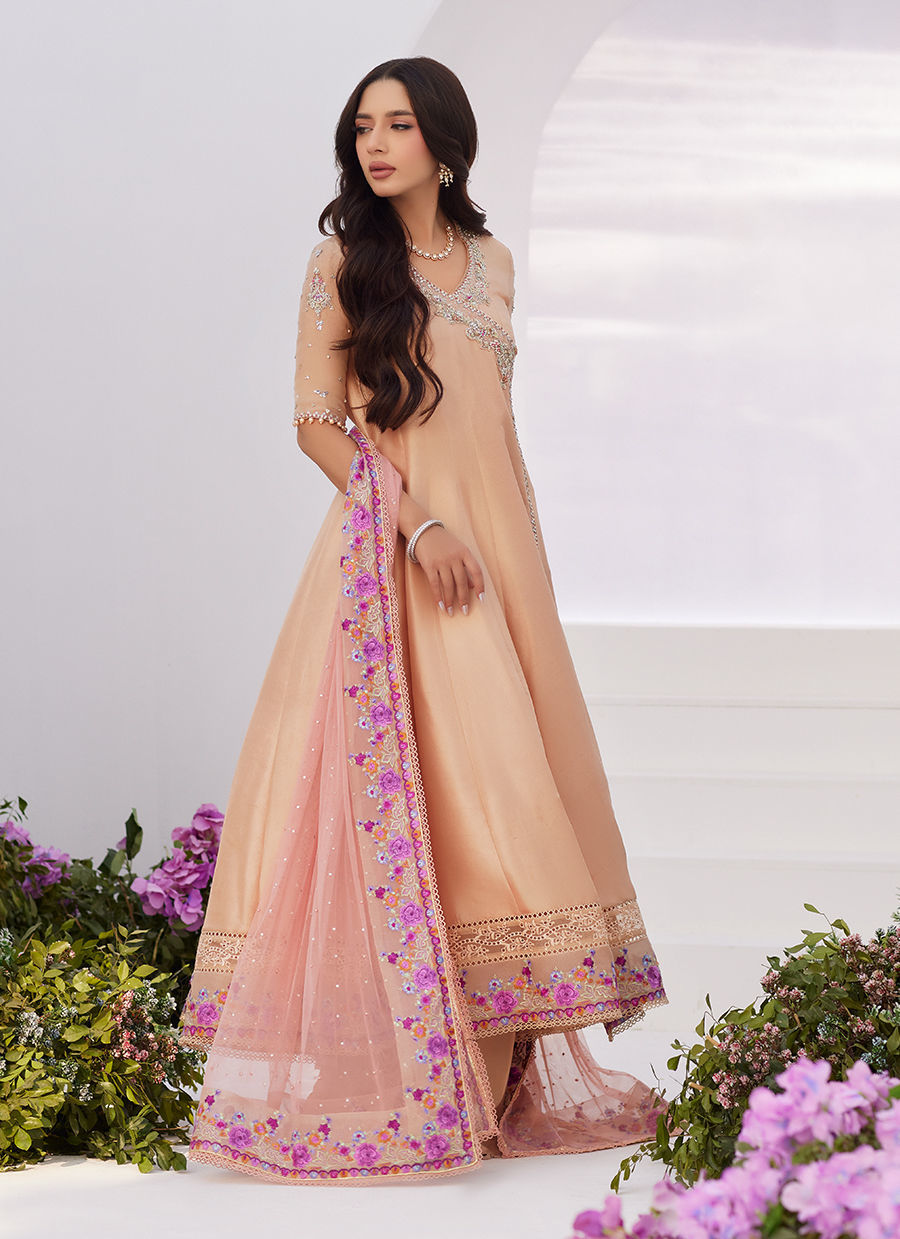 Farah Talib Aziz | Zaza Luxe Pret 24 | LISETTE FAWN EMBELLISHED RAW SILK ANGARKHA AND DUPATTA -  Farah Talib Aziz Luxury - Original Designer Dress - House of Maryam