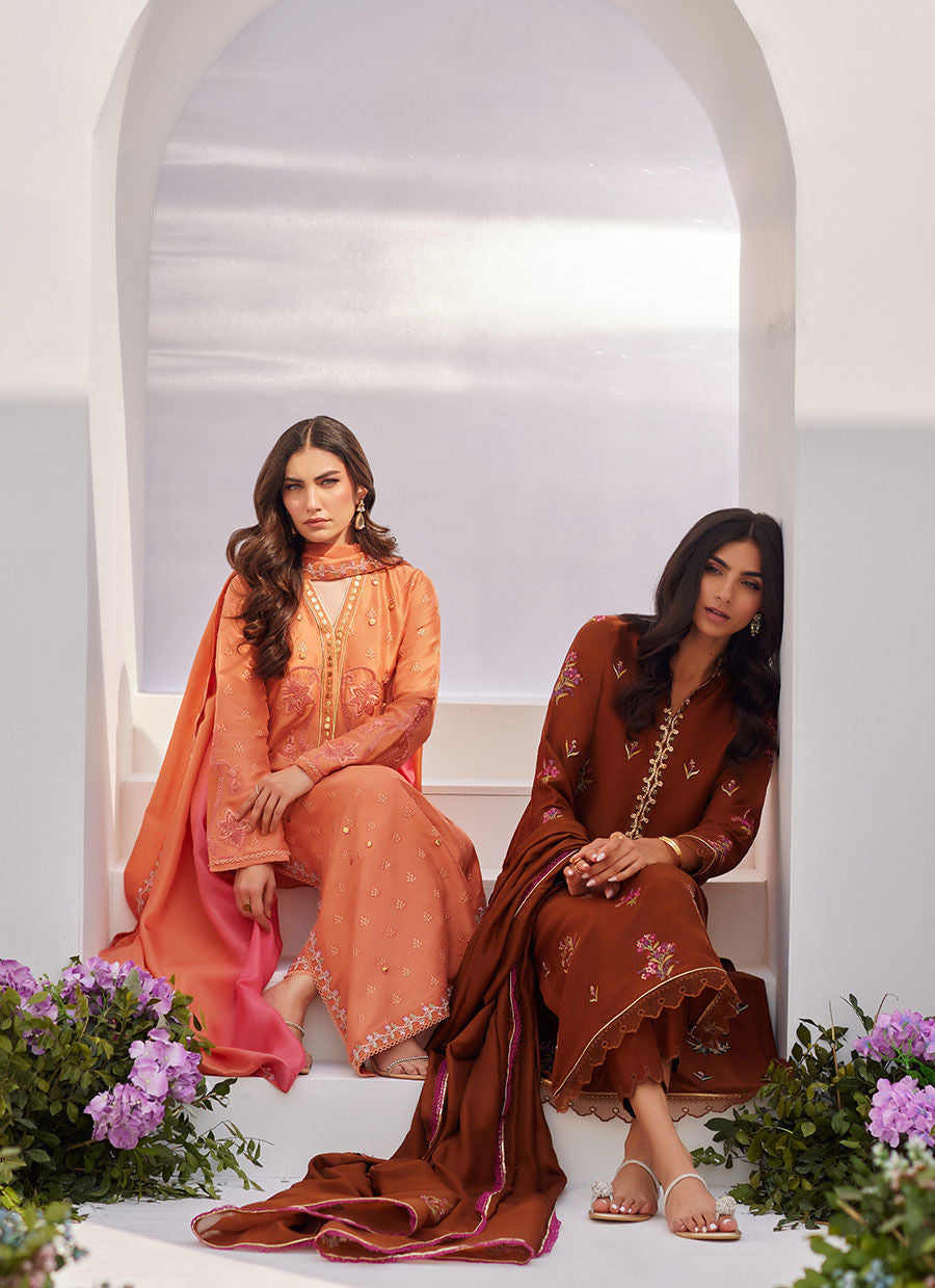 Farah Talib Aziz | Zaza Luxe Pret 24 | ELYNA CORAL EMBROIDERED RAW SILK SHIRT AND DUPATTA -  Farah Talib Aziz Luxury - Original Designer Dress - House of Maryam