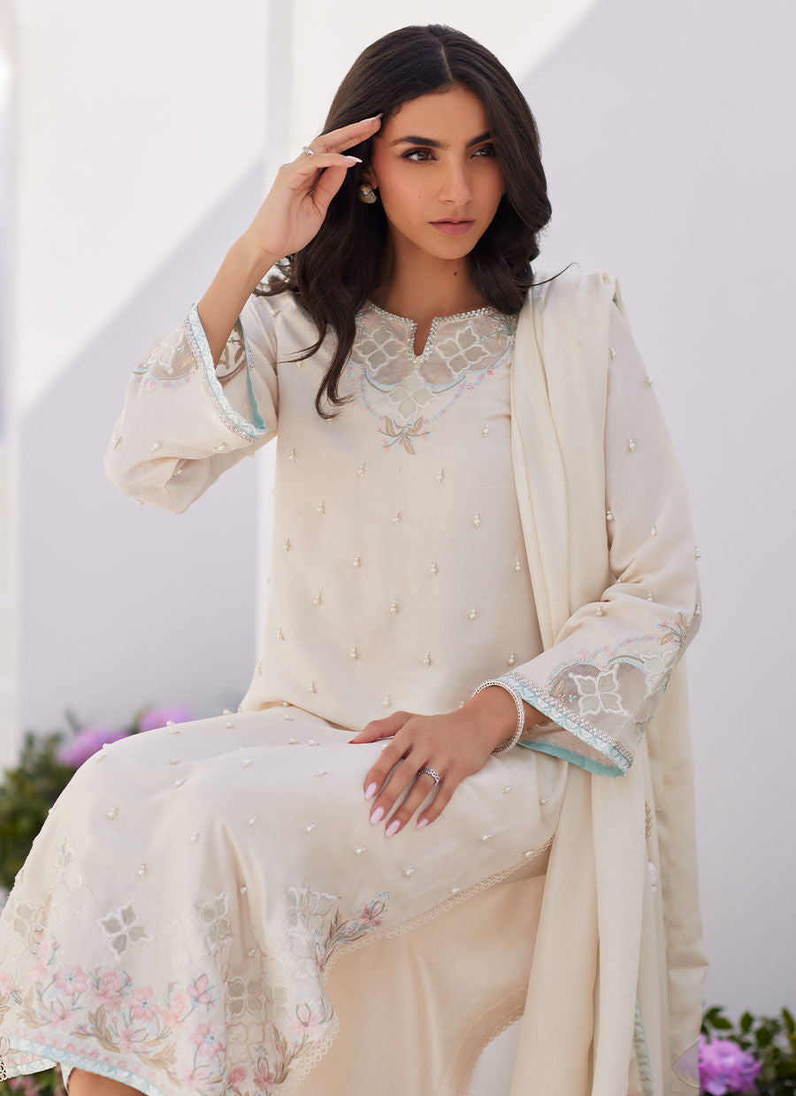 Farah Talib Aziz | Zaza Luxe Pret 24 | LYA IVORY EMBELLISHED RAW SILK SHIRT AND DUPATTA -  Farah Talib Aziz Luxury - Original Designer Dress - House of Maryam