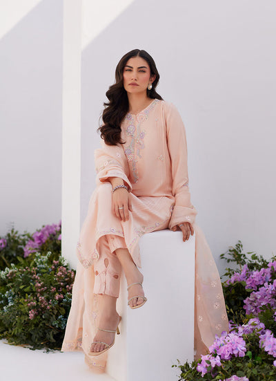 Farah Talib Aziz | Zaza Luxe Pret 24 | ELEA PEACH EMBROIDERED RAW SILK SHIRT AND DUPATTA -  Farah Talib Aziz Luxury - Original Designer Dress - House of Maryam