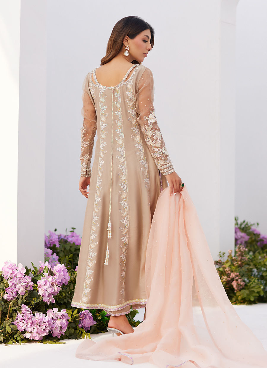 Farah Talib Aziz | Zaza Luxe Pret 24 | CHARLENE SAND EMBROIDERED KALIDAAR WITH DUPATTA -  Farah Talib Aziz Luxury - Original Designer Dress - House of Maryam