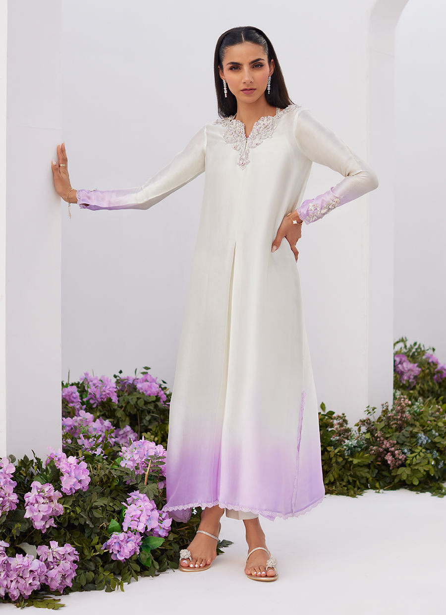 Farah Talib Aziz | Zaza Luxe Pret 24 | LIQUE SILVER OMBRE EMBELLISHED KAFTAAN CUT SHIRT -  Farah Talib Aziz Luxury - Original Designer Dress - House of Maryam