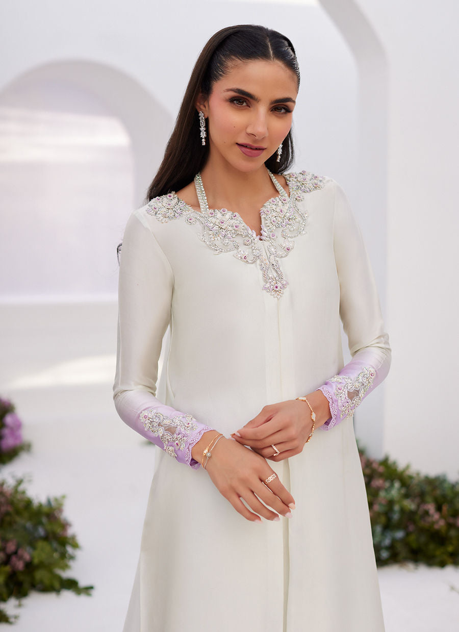 Farah Talib Aziz | Zaza Luxe Pret 24 | LIQUE SILVER OMBRE EMBELLISHED KAFTAAN CUT SHIRT by Farah Talib Aziz - House of Maryam