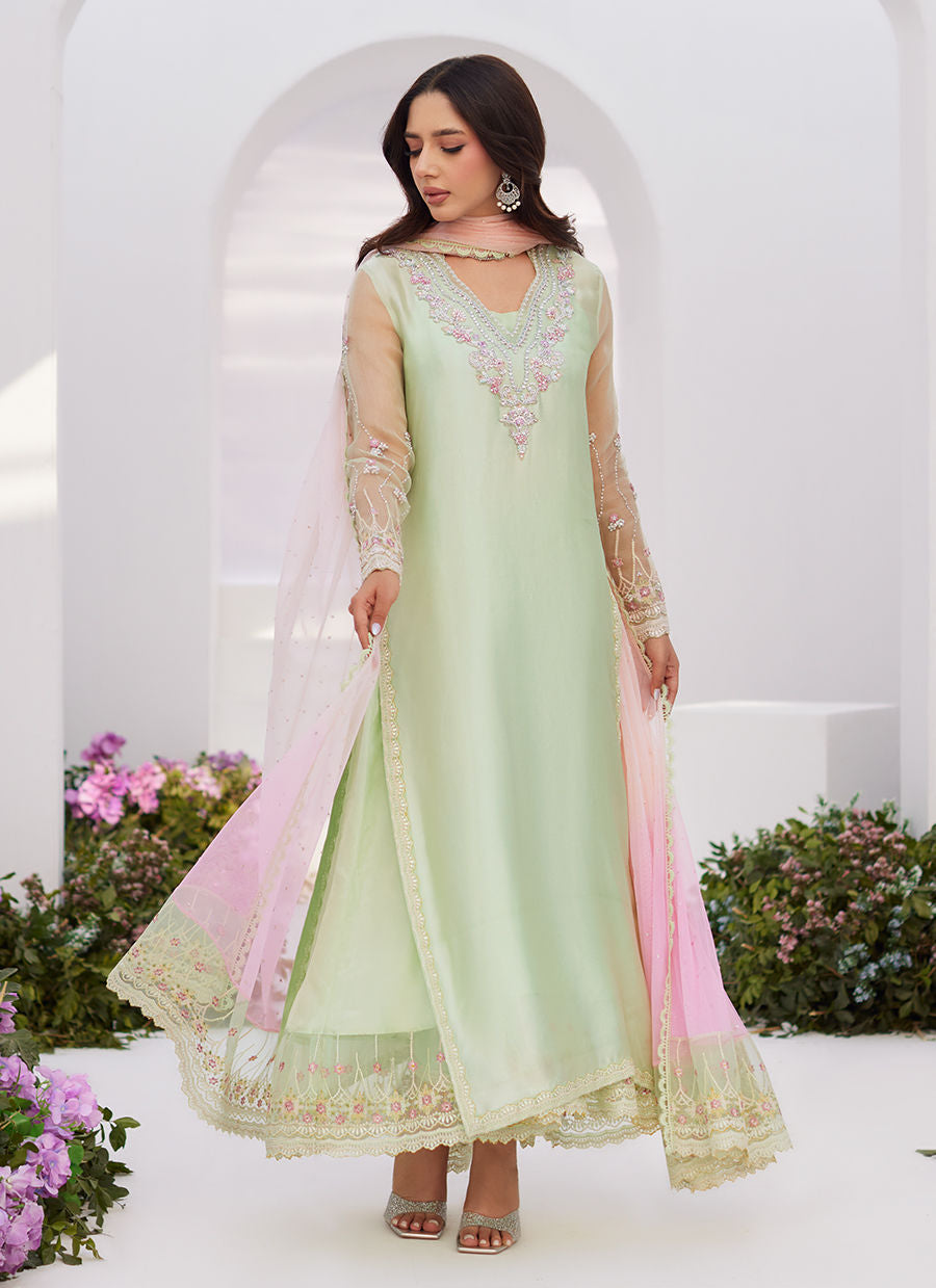 Farah Talib Aziz | Zaza Luxe Pret 24 | COLLETTE MINT OMBRE EMBELLISHED COLUMN SHIRT WITH KALIDAAR WITH EMBROIDERED SLIP -  Farah Talib Aziz Luxury - Original Designer Dress - House of Maryam