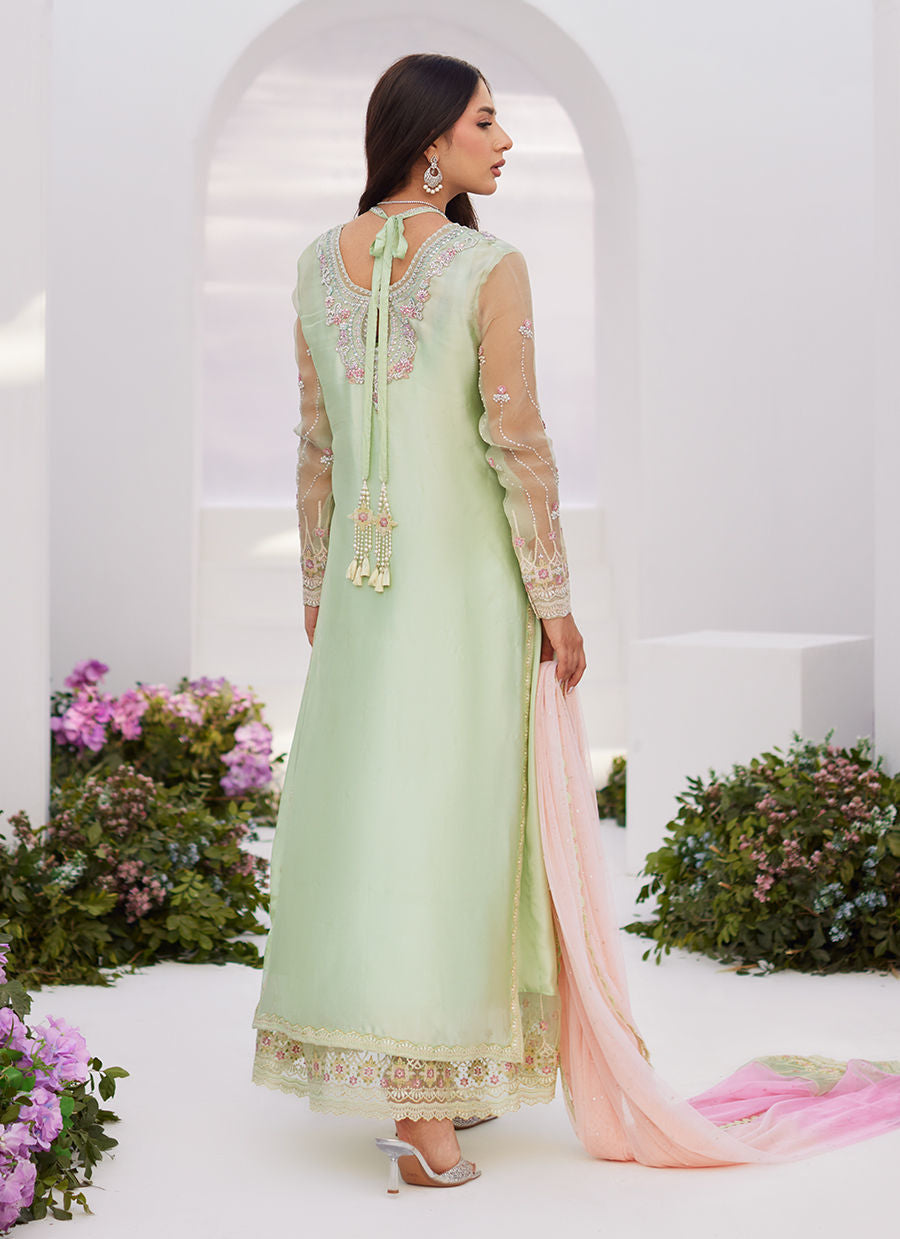 Farah Talib Aziz | Zaza Luxe Pret 24 | COLLETTE MINT OMBRE EMBELLISHED COLUMN SHIRT WITH KALIDAAR WITH EMBROIDERED SLIP by Farah Talib Aziz - House of Maryam