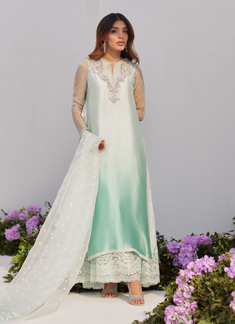 Farah Talib Aziz | Zaza Luxe Pret 24 | SOLENE AQUA OMBRE EMBELLISHED COLUMN SHIRT WITH EMBROIDERED KALIDAAR SLIP -  Farah Talib Aziz Luxury - Original Designer Dress - House of Maryam