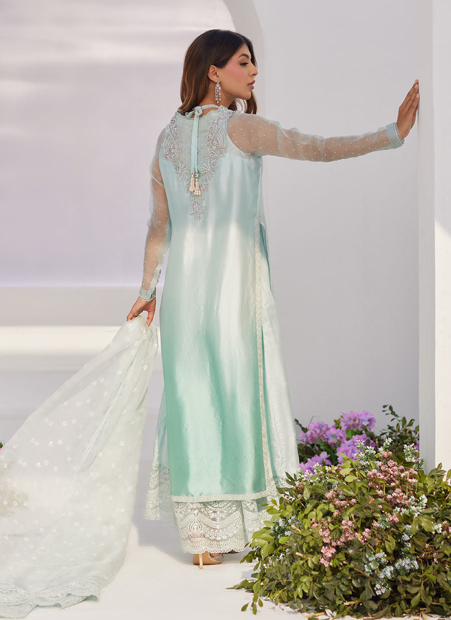 Farah Talib Aziz | Zaza Luxe Pret 24 | SOLENE AQUA OMBRE EMBELLISHED COLUMN SHIRT WITH EMBROIDERED KALIDAAR SLIP by Farah Talib Aziz - House of Maryam