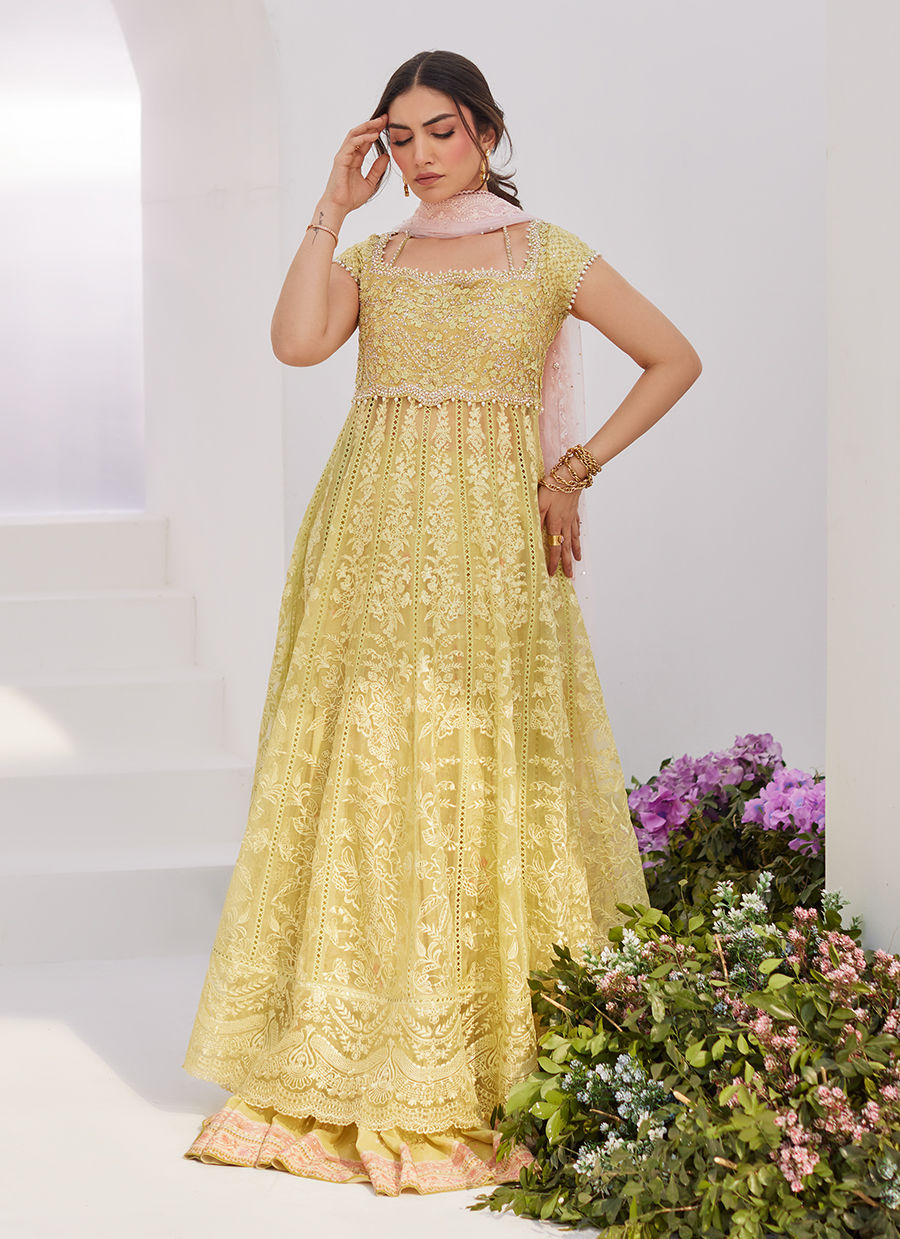 Farah Talib Aziz | Zaza Luxe Pret 24 | REINE KIWI EMBROIDERED EMBELLISHED KALIDAAR -  Farah Talib Aziz Luxury - Original Designer Dress - House of Maryam