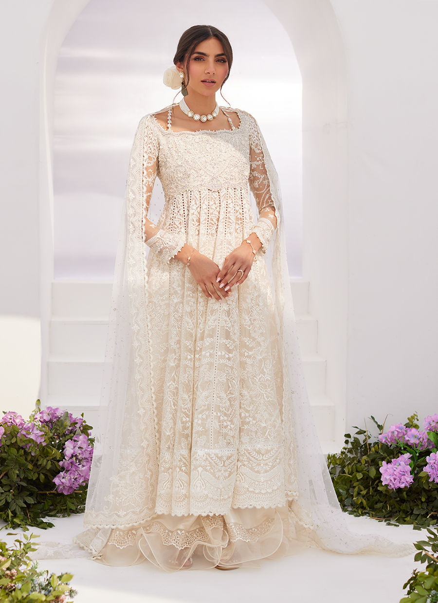 Farah Talib Aziz | Zaza Luxe Pret 24 | MAELLE IVORY EMBROIDERED AND EMBELLISHED KALIDAAR -  Farah Talib Aziz Luxury - Original Designer Dress - House of Maryam