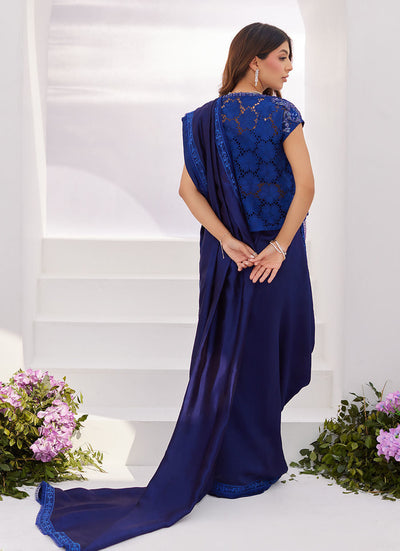 Farah Talib Aziz | Zaza Luxe Pret 24 | OCEAN NAVY DRAPED SAREE WITH CUTWORK EMBELLISHED CAPE -  Farah Talib Aziz Luxury - Original Designer Dress - House of Maryam