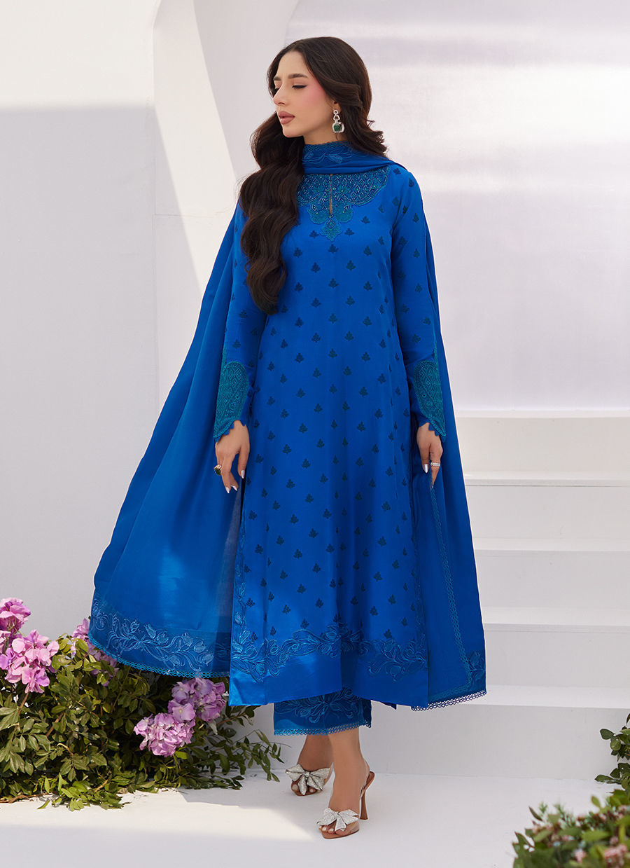 Farah Talib Aziz | Zaza Luxe Pret 24 | CHARR BLUE EMBROIDERED RAW SILK SHIRT AND DUPATTA -  Farah Talib Aziz Luxury - Original Designer Dress - House of Maryam