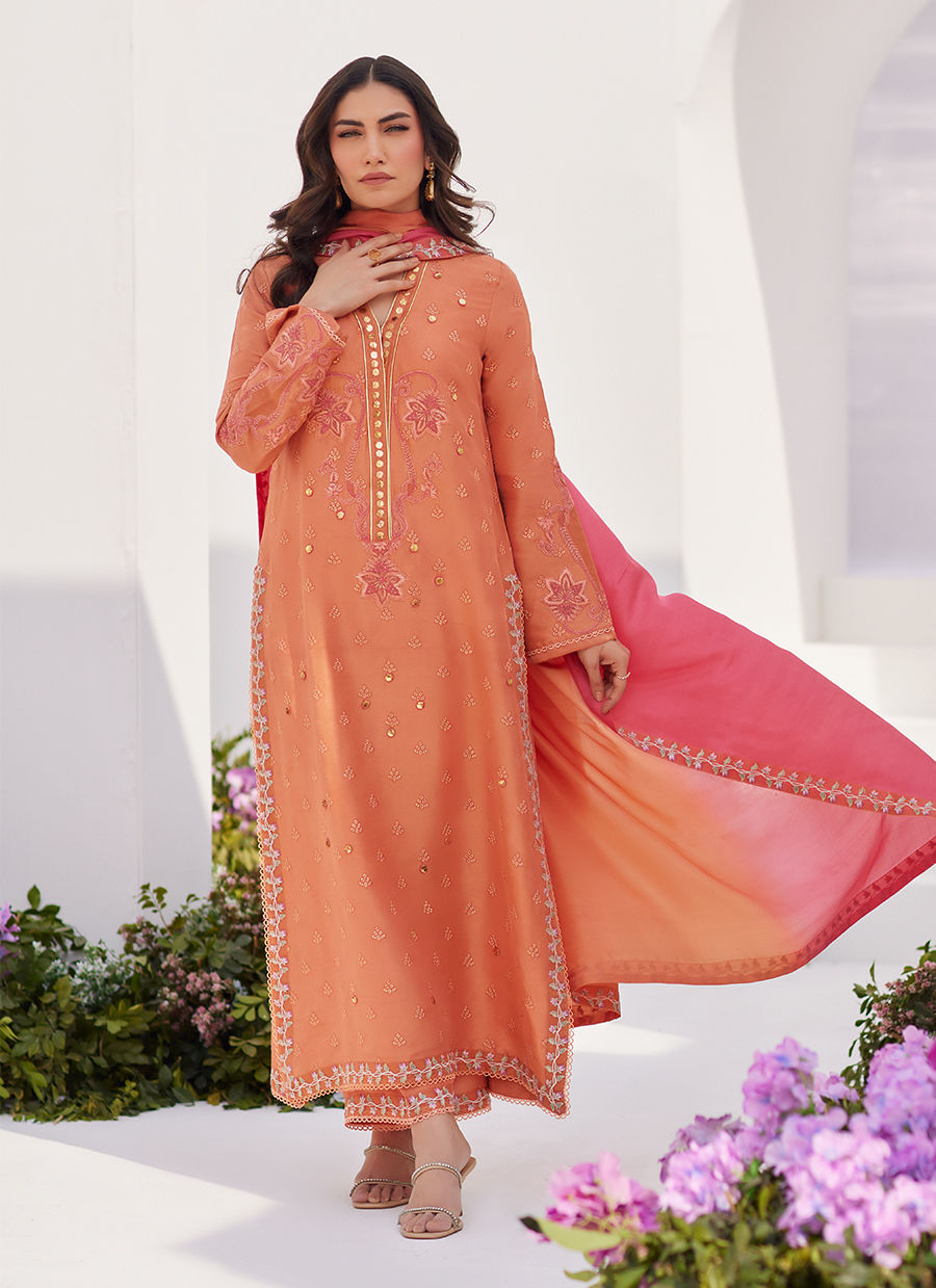 Farah Talib Aziz | Zaza Luxe Pret 24 | ELYNA CORAL EMBROIDERED RAW SILK SHIRT AND DUPATTA -  Farah Talib Aziz Luxury - Original Designer Dress - House of Maryam