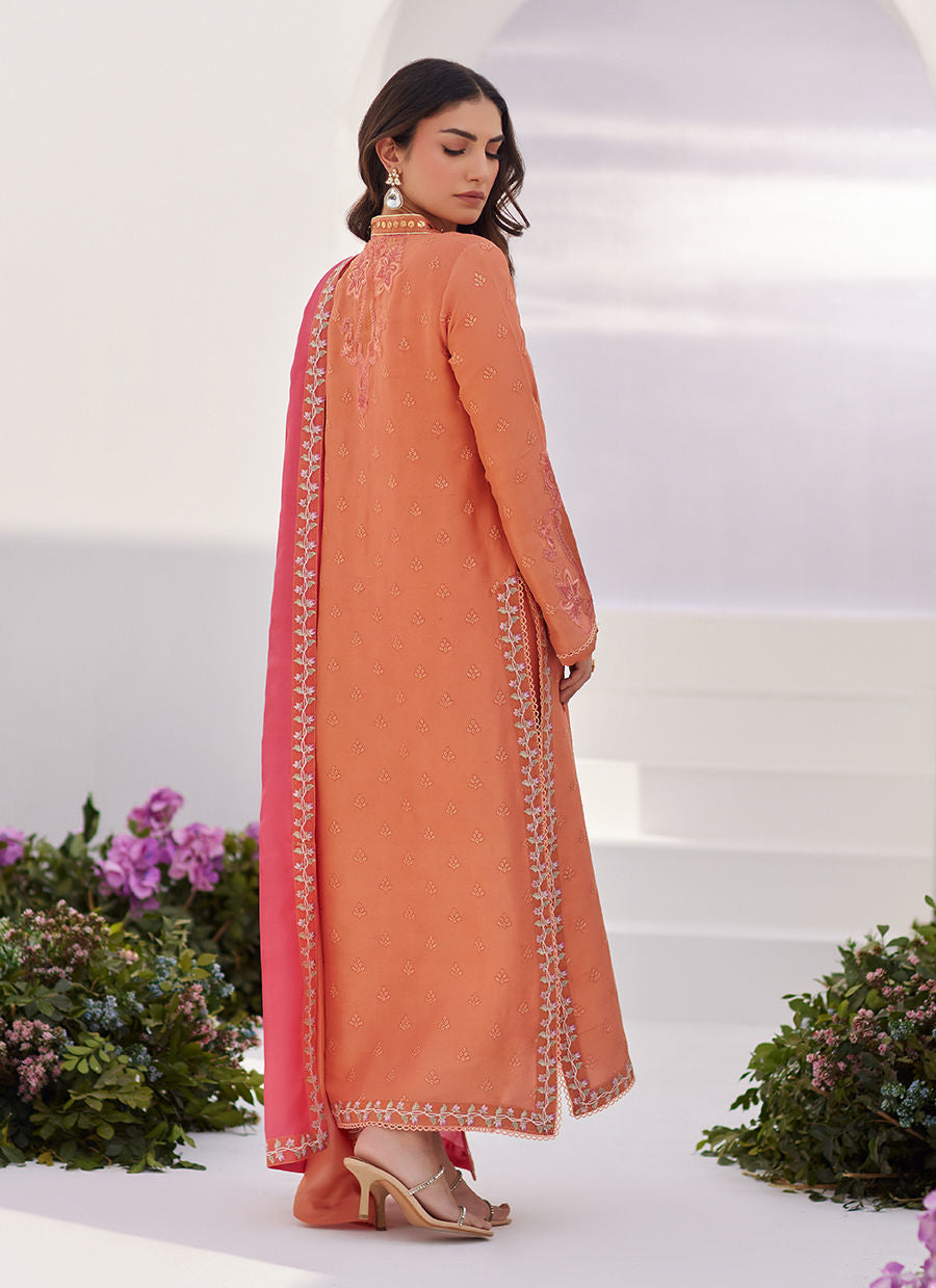 Farah Talib Aziz | Zaza Luxe Pret 24 | ELYNA CORAL EMBROIDERED RAW SILK SHIRT AND DUPATTA -  Farah Talib Aziz Luxury - Original Designer Dress - House of Maryam
