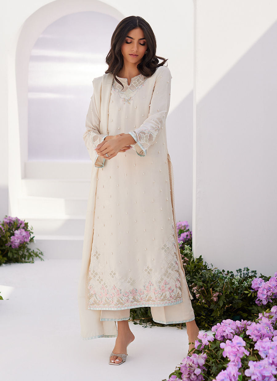 Farah Talib Aziz | Zaza Luxe Pret 24 | LYA IVORY EMBELLISHED RAW SILK SHIRT AND DUPATTA -  Farah Talib Aziz Luxury - Original Designer Dress - House of Maryam