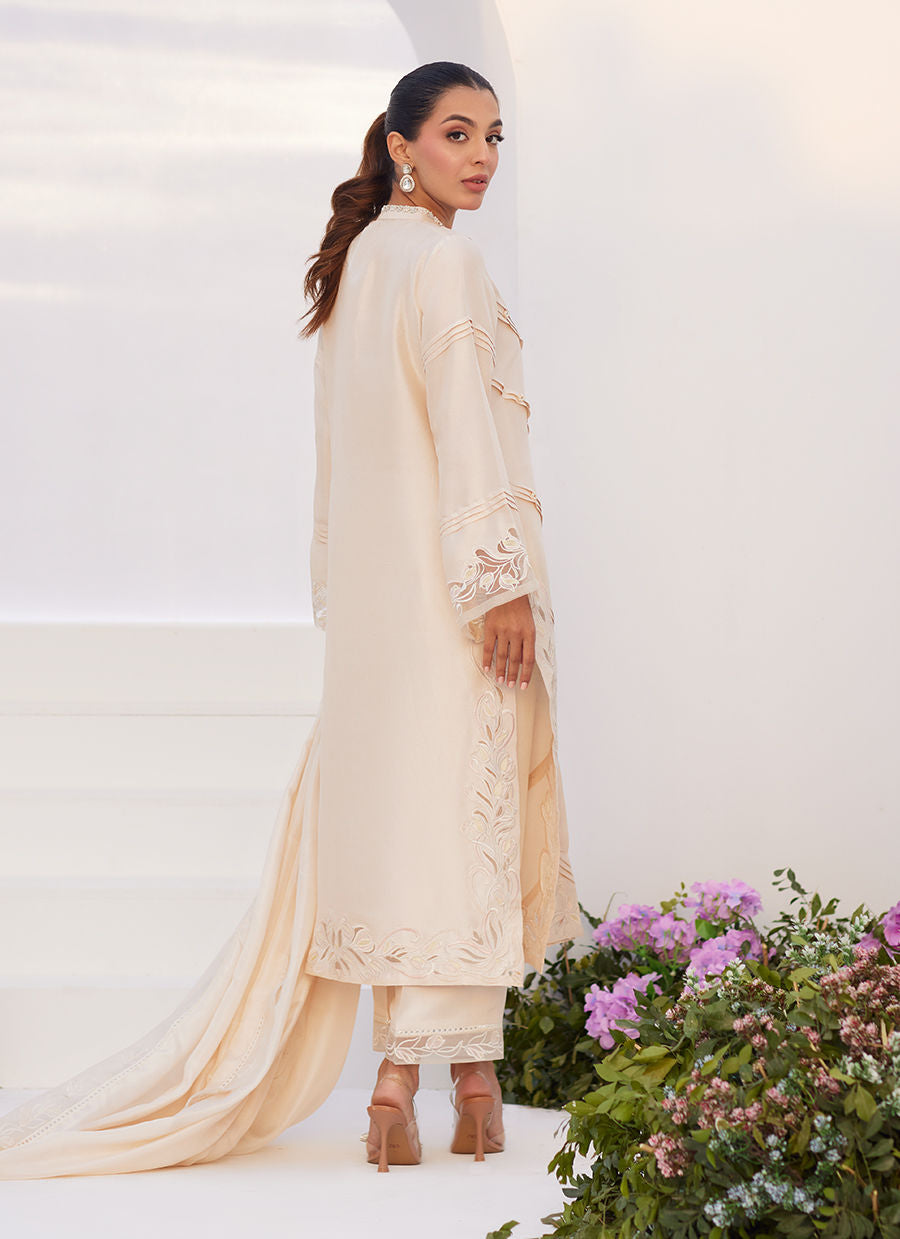 Farah Talib Aziz | Zaza Luxe Pret 24 | TISELE IVORY PLEATED RAW SILK SHIRT AND DUPATTA -  Farah Talib Aziz Luxury - Original Designer Dress - House of Maryam