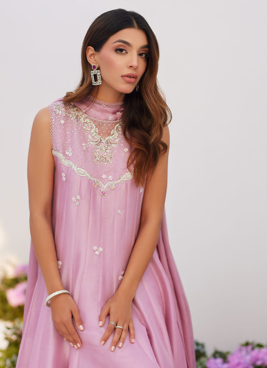 Farah Talib Aziz | Zaza Luxe Pret 24 | CECE MAUVE EMBELLISHED RAW SILK KALIDAR WITH CHARMUESE DUPATTA -  Farah Talib Aziz Luxury - Original Designer Dress - House of Maryam