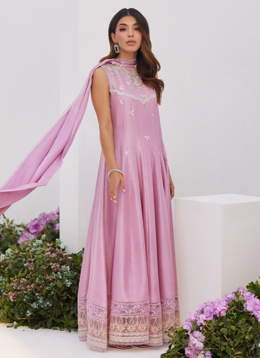 Farah Talib Aziz | Zaza Luxe Pret 24 | CECE MAUVE EMBELLISHED RAW SILK KALIDAR WITH CHARMUESE DUPATTA -  Farah Talib Aziz Luxury - Original Designer Dress - House of Maryam