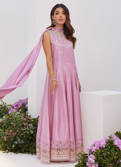 Farah Talib Aziz | Zaza Luxe Pret 24 | CECE MAUVE EMBELLISHED RAW SILK KALIDAR WITH CHARMUESE DUPATTA -  Farah Talib Aziz Luxury - Original Designer Dress - House of Maryam