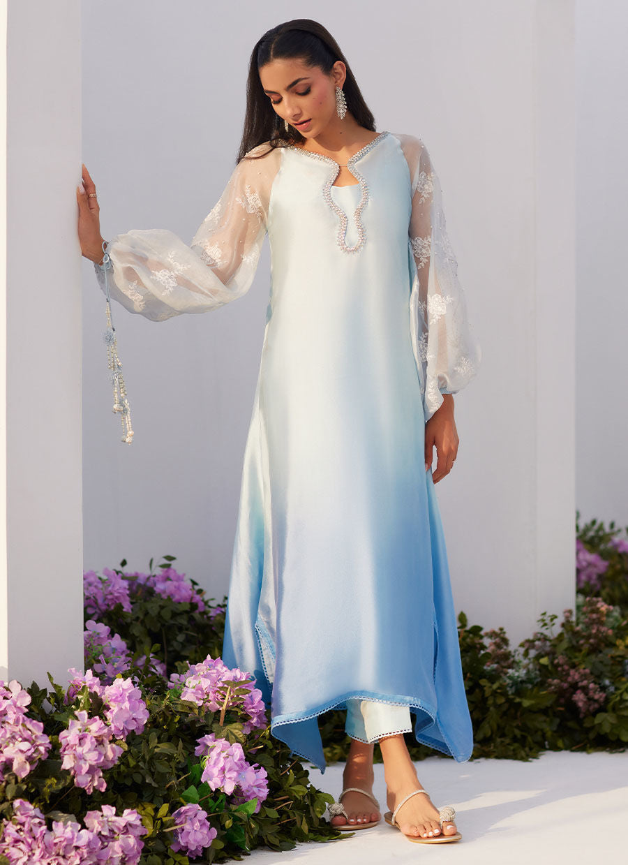 Farah Talib Aziz | Zaza Luxe Pret 24 | BOW OMBRE BLUE EMBELLISHED KAFTAN CUT SHIRT -  Farah Talib Aziz Luxury - Original Designer Dress - House of Maryam
