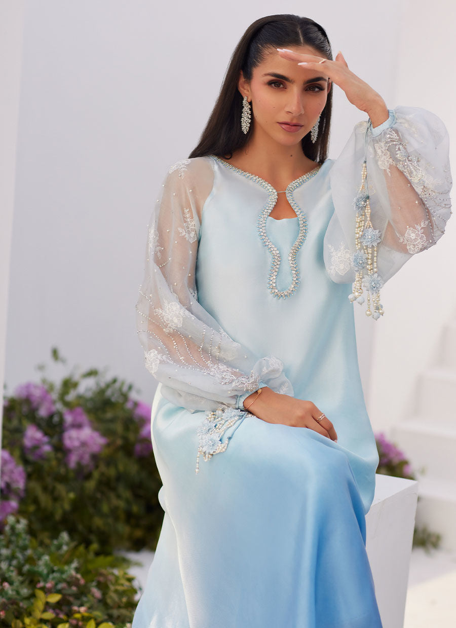 Farah Talib Aziz | Zaza Luxe Pret 24 | BOW OMBRE BLUE EMBELLISHED KAFTAN CUT SHIRT -  Farah Talib Aziz Luxury - Original Designer Dress - House of Maryam