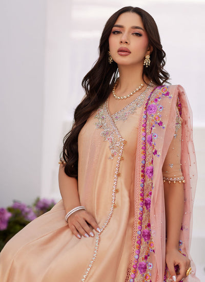 Farah Talib Aziz | Zaza Luxe Pret 24 | LISETTE FAWN EMBELLISHED RAW SILK ANGARKHA AND DUPATTA -  Farah Talib Aziz Luxury - Original Designer Dress - House of Maryam