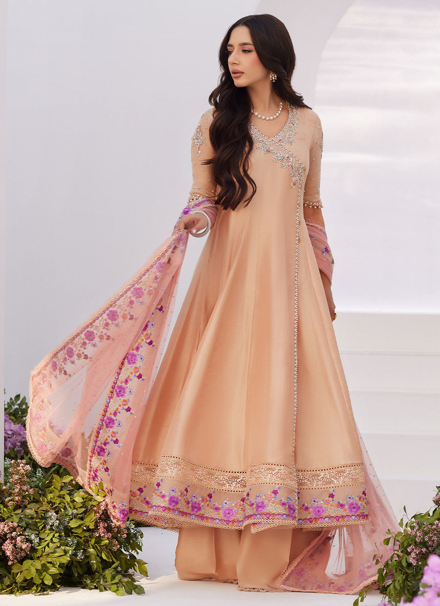 Farah Talib Aziz | Zaza Luxe Pret 24 | LISETTE FAWN EMBELLISHED RAW SILK ANGARKHA AND DUPATTA -  Farah Talib Aziz Luxury - Original Designer Dress - House of Maryam