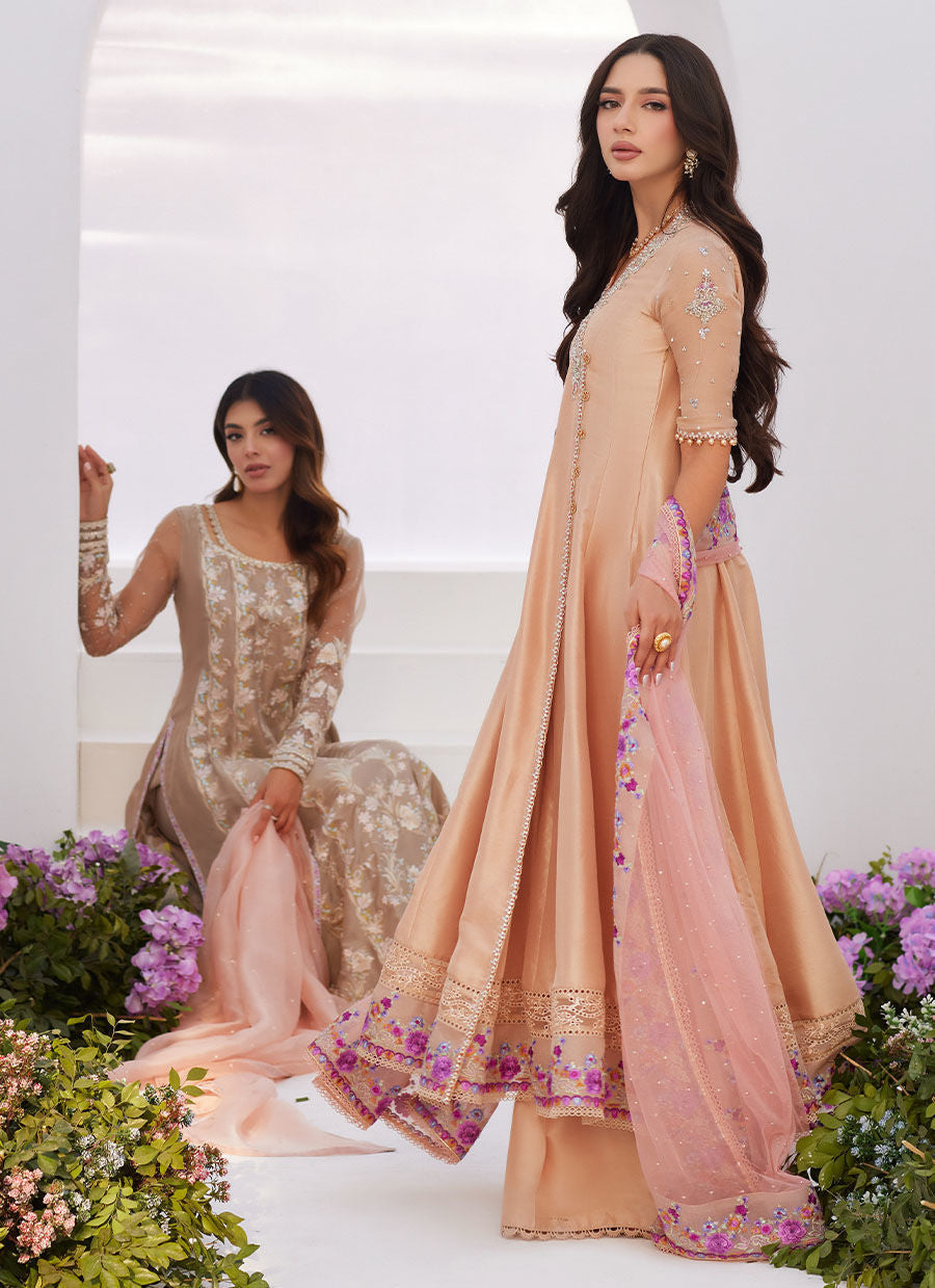 Farah Talib Aziz | Zaza Luxe Pret 24 | LISETTE FAWN EMBELLISHED RAW SILK ANGARKHA AND DUPATTA -  Farah Talib Aziz Luxury - Original Designer Dress - House of Maryam