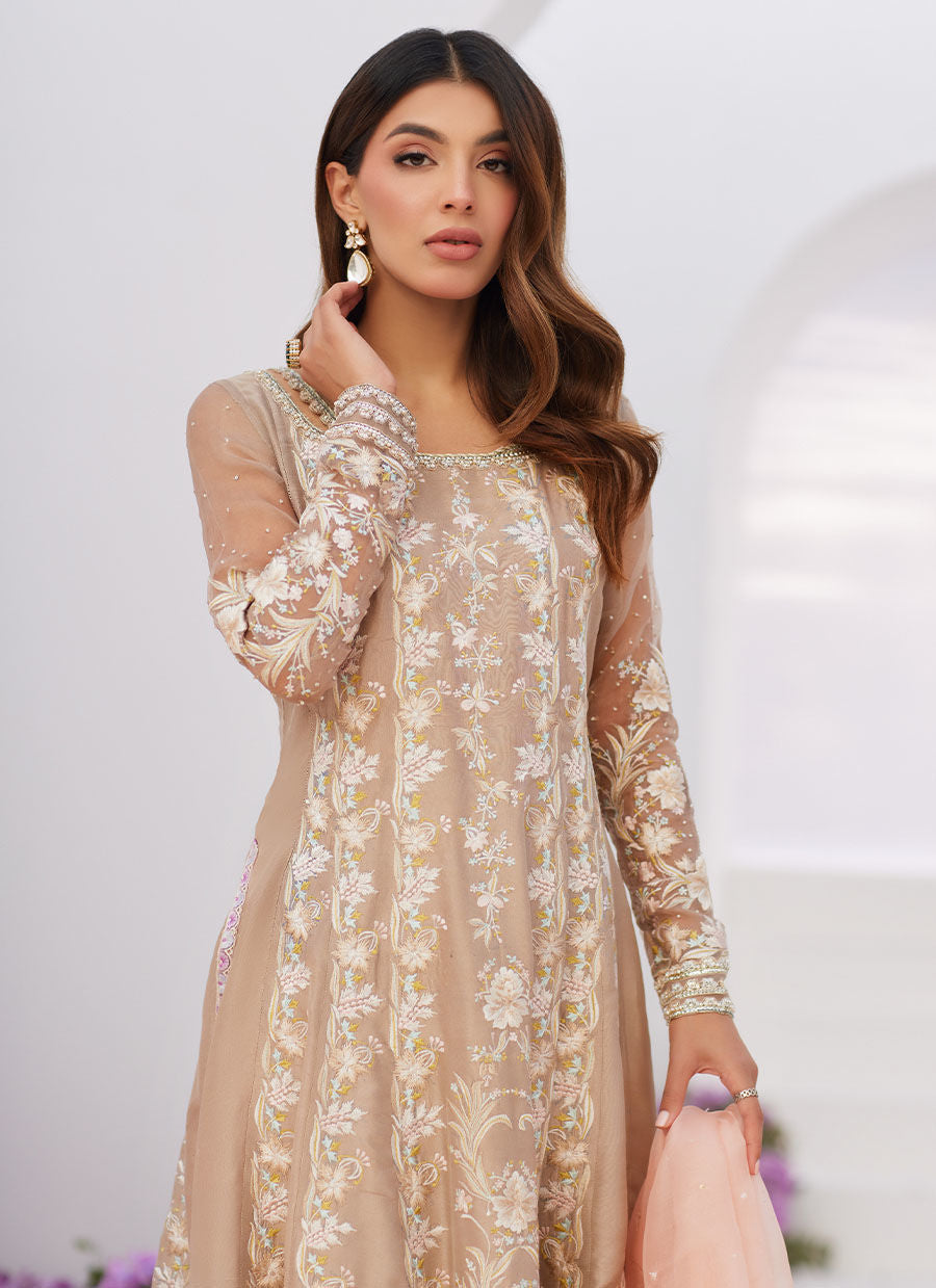 Farah Talib Aziz | Zaza Luxe Pret 24 | CHARLENE SAND EMBROIDERED KALIDAAR WITH DUPATTA -  Farah Talib Aziz Luxury - Original Designer Dress - House of Maryam