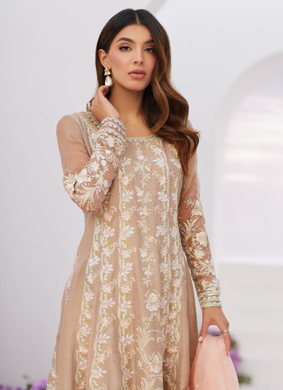Farah Talib Aziz | Zaza Luxe Pret 24 | CHARLENE SAND EMBROIDERED KALIDAAR WITH DUPATTA -  Farah Talib Aziz Luxury - Original Designer Dress - House of Maryam