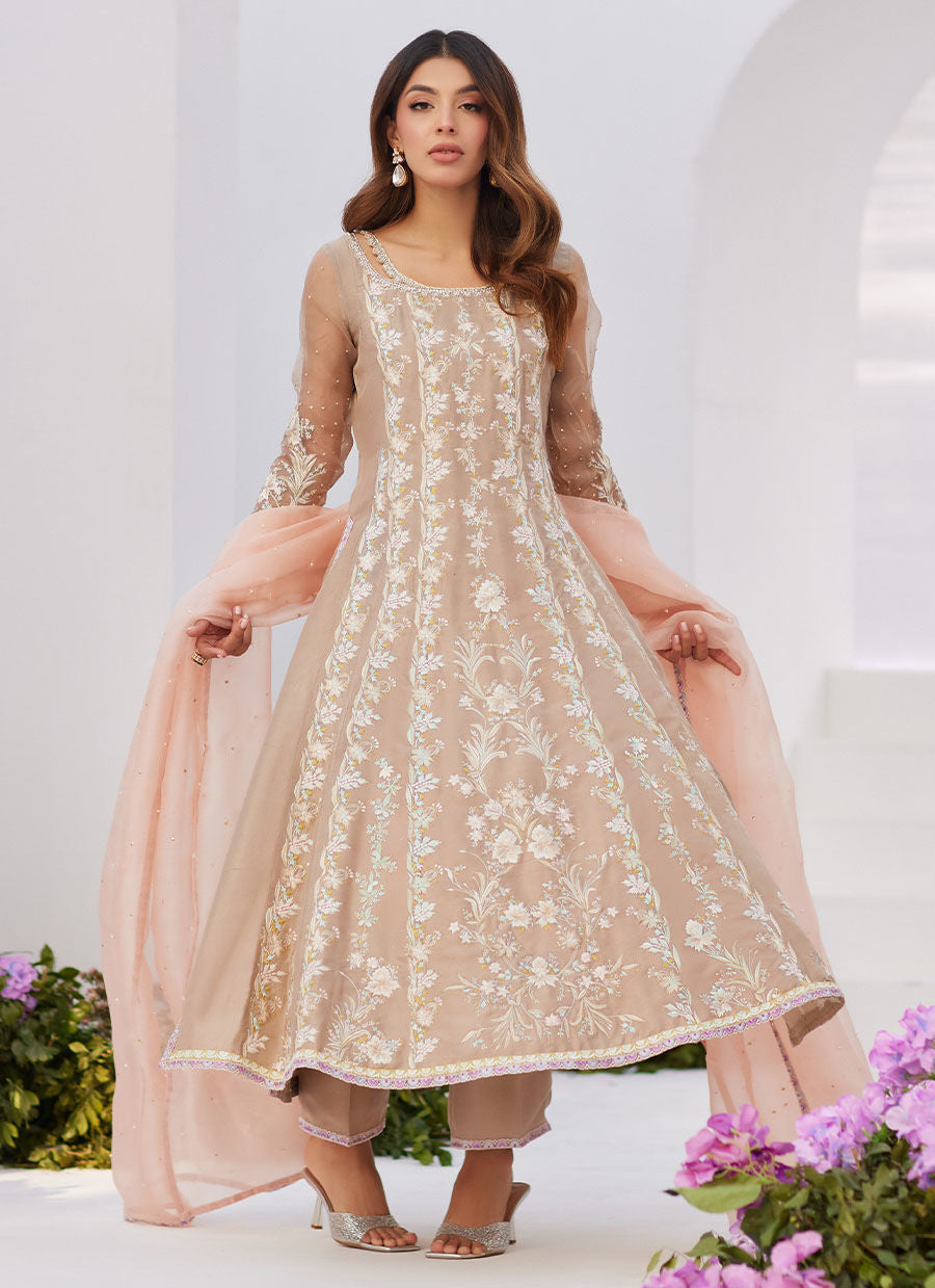 Farah Talib Aziz | Zaza Luxe Pret 24 | CHARLENE SAND EMBROIDERED KALIDAAR WITH DUPATTA -  Farah Talib Aziz Luxury - Original Designer Dress - House of Maryam