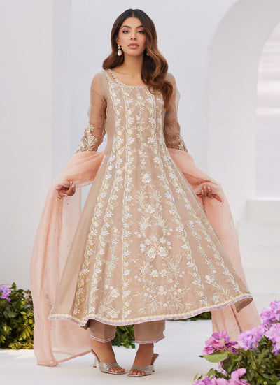 Farah Talib Aziz | Zaza Luxe Pret 24 | CHARLENE SAND EMBROIDERED KALIDAAR WITH DUPATTA -  Farah Talib Aziz Luxury - Original Designer Dress - House of Maryam