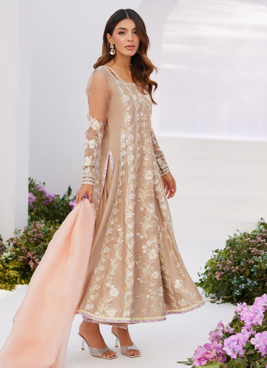 Farah Talib Aziz | Zaza Luxe Pret 24 | CHARLENE SAND EMBROIDERED KALIDAAR WITH DUPATTA -  Farah Talib Aziz Luxury - Original Designer Dress - House of Maryam