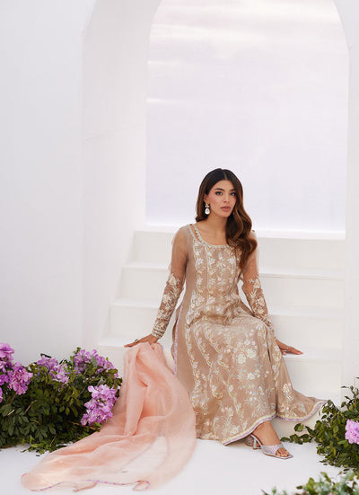 Farah Talib Aziz | Zaza Luxe Pret 24 | CHARLENE SAND EMBROIDERED KALIDAAR WITH DUPATTA -  Farah Talib Aziz Luxury - Original Designer Dress - House of Maryam