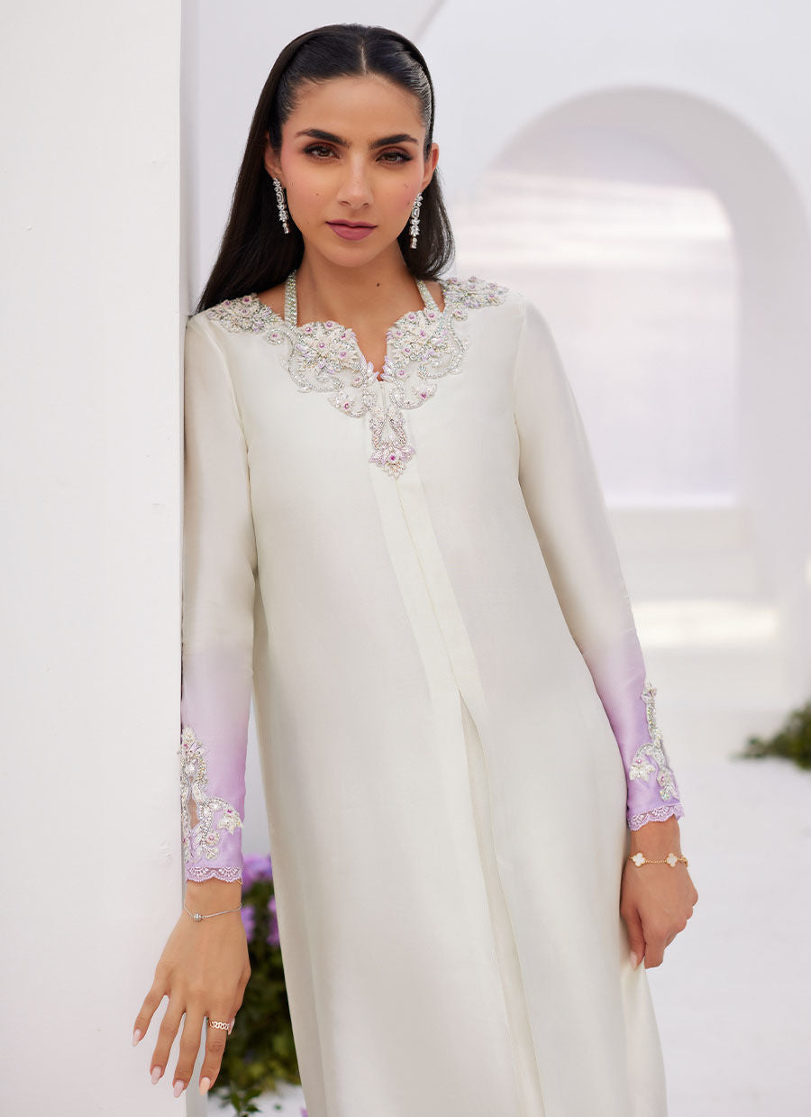 Farah Talib Aziz | Zaza Luxe Pret 24 | LIQUE SILVER OMBRE EMBELLISHED KAFTAAN CUT SHIRT -  Farah Talib Aziz Luxury - Original Designer Dress - House of Maryam
