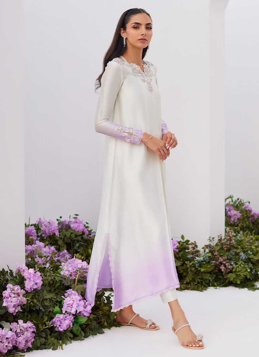 Farah Talib Aziz | Zaza Luxe Pret 24 | LIQUE SILVER OMBRE EMBELLISHED KAFTAAN CUT SHIRT -  Farah Talib Aziz Luxury - Original Designer Dress - House of Maryam