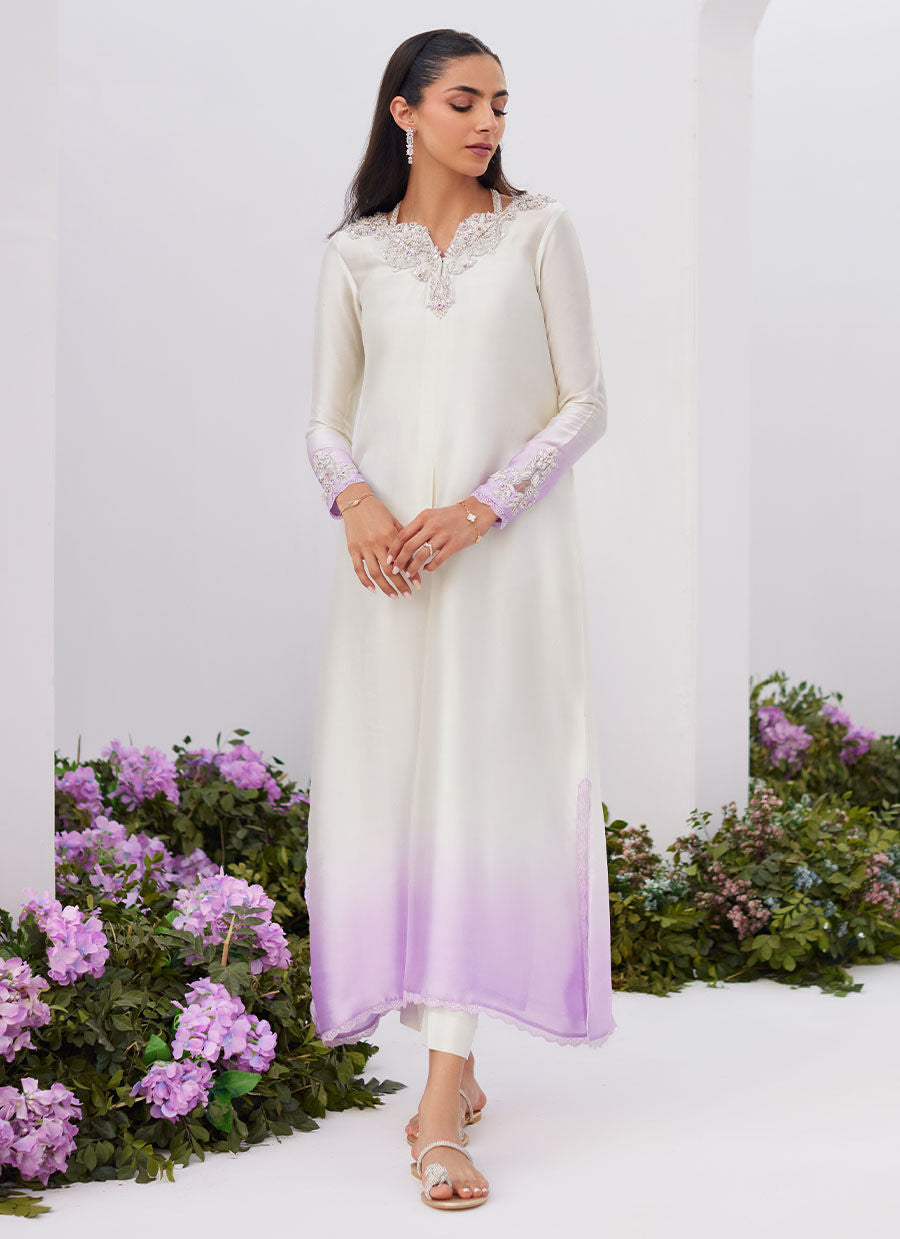 Farah Talib Aziz | Zaza Luxe Pret 24 | LIQUE SILVER OMBRE EMBELLISHED KAFTAAN CUT SHIRT -  Farah Talib Aziz Luxury - Original Designer Dress - House of Maryam