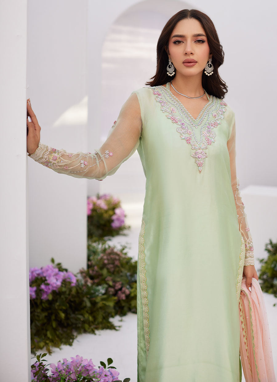 Farah Talib Aziz | Zaza Luxe Pret 24 | COLLETTE MINT OMBRE EMBELLISHED COLUMN SHIRT WITH KALIDAAR WITH EMBROIDERED SLIP by Farah Talib Aziz - House of Maryam