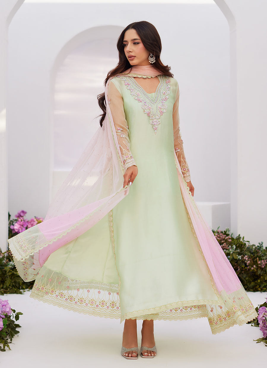 Farah Talib Aziz | Zaza Luxe Pret 24 | COLLETTE MINT OMBRE EMBELLISHED COLUMN SHIRT WITH KALIDAAR WITH EMBROIDERED SLIP -  Farah Talib Aziz Luxury - Original Designer Dress - House of Maryam