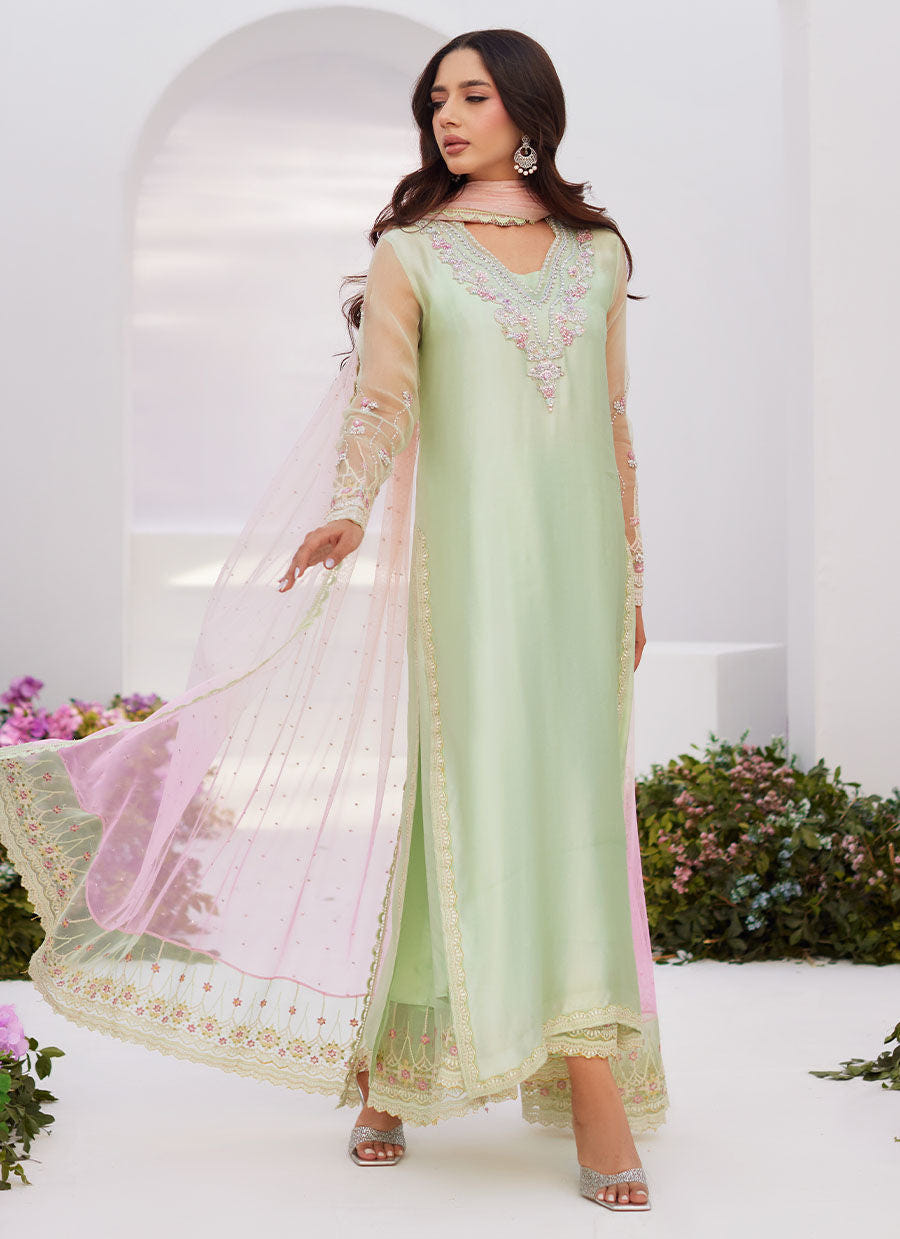 Farah Talib Aziz | Zaza Luxe Pret 24 | COLLETTE MINT OMBRE EMBELLISHED COLUMN SHIRT WITH KALIDAAR WITH EMBROIDERED SLIP -  Farah Talib Aziz Luxury - Original Designer Dress - House of Maryam