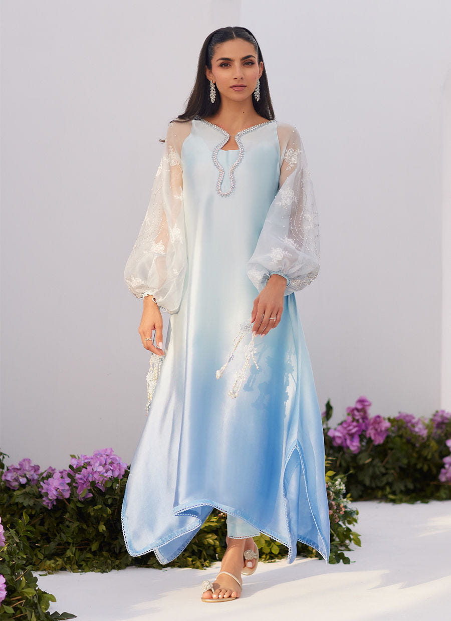 Farah Talib Aziz | Zaza Luxe Pret 24 | BOW OMBRE BLUE EMBELLISHED KAFTAN CUT SHIRT -  Farah Talib Aziz Luxury - Original Designer Dress - House of Maryam