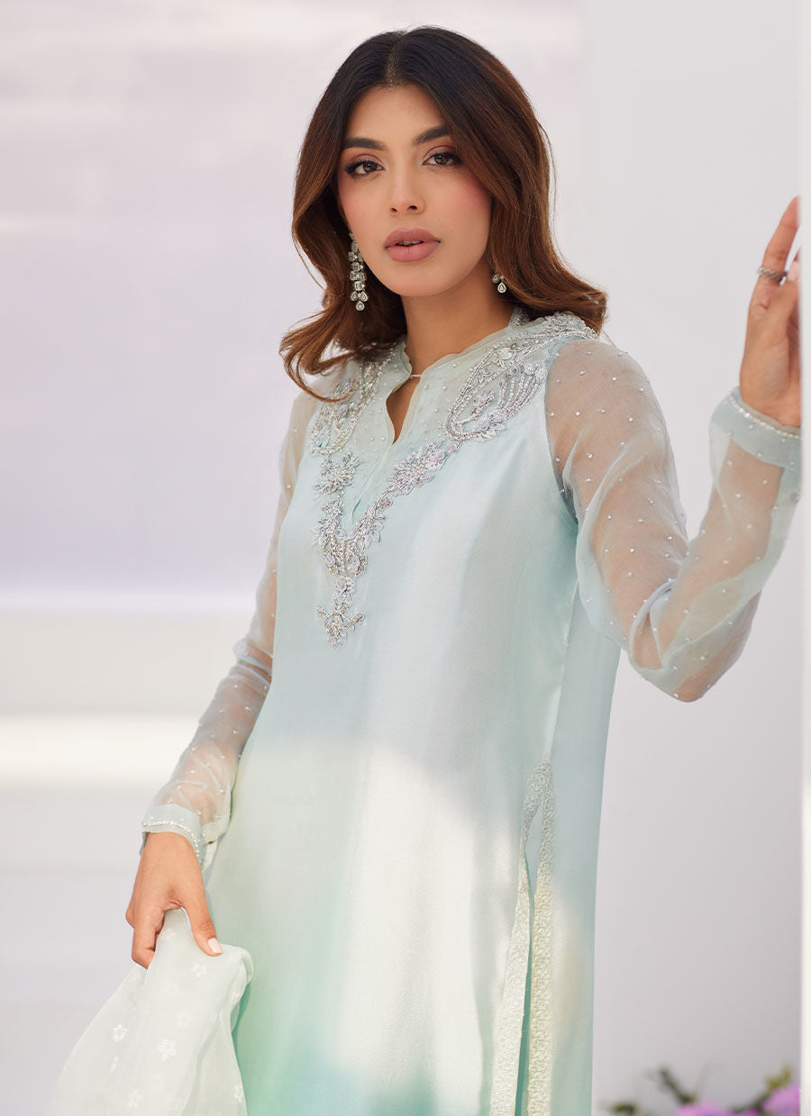 Farah Talib Aziz | Zaza Luxe Pret 24 | SOLENE AQUA OMBRE EMBELLISHED COLUMN SHIRT WITH EMBROIDERED KALIDAAR SLIP by Farah Talib Aziz - House of Maryam