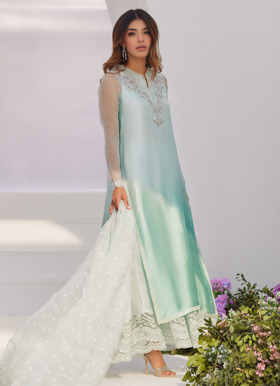 Farah Talib Aziz | Zaza Luxe Pret 24 | SOLENE AQUA OMBRE EMBELLISHED COLUMN SHIRT WITH EMBROIDERED KALIDAAR SLIP by Designer Farah Talib Aziz - House of Maryam - Pakistani Designer Ethnic Wear in {{ shop.shopifyCountryName }}