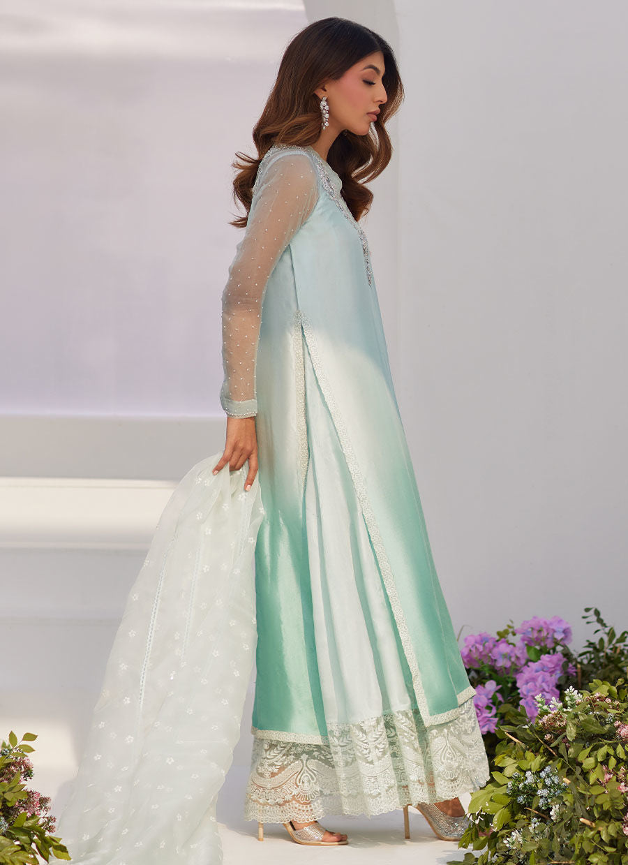 Farah Talib Aziz | Zaza Luxe Pret 24 | SOLENE AQUA OMBRE EMBELLISHED COLUMN SHIRT WITH EMBROIDERED KALIDAAR SLIP -  Farah Talib Aziz Luxury - Original Designer Dress - House of Maryam